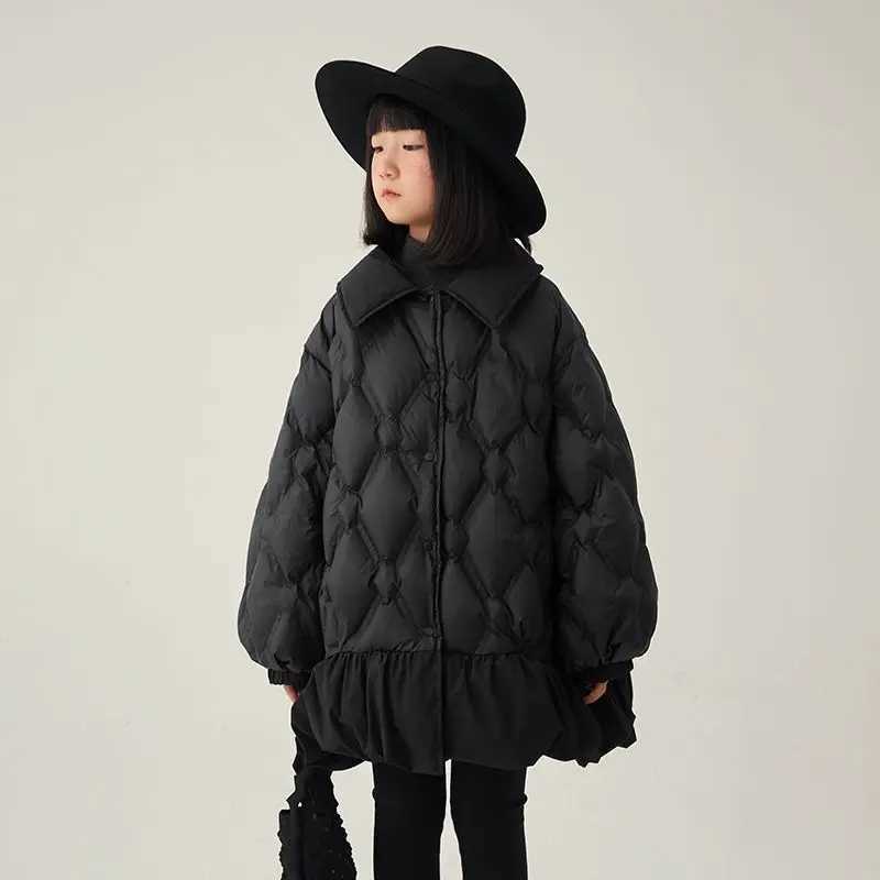 Ages 516 2025 Reversible Puffer Coat for Girls Korean Solid Color MidLength Quilted Jacket Fashionable Winter Outerwear Y251023