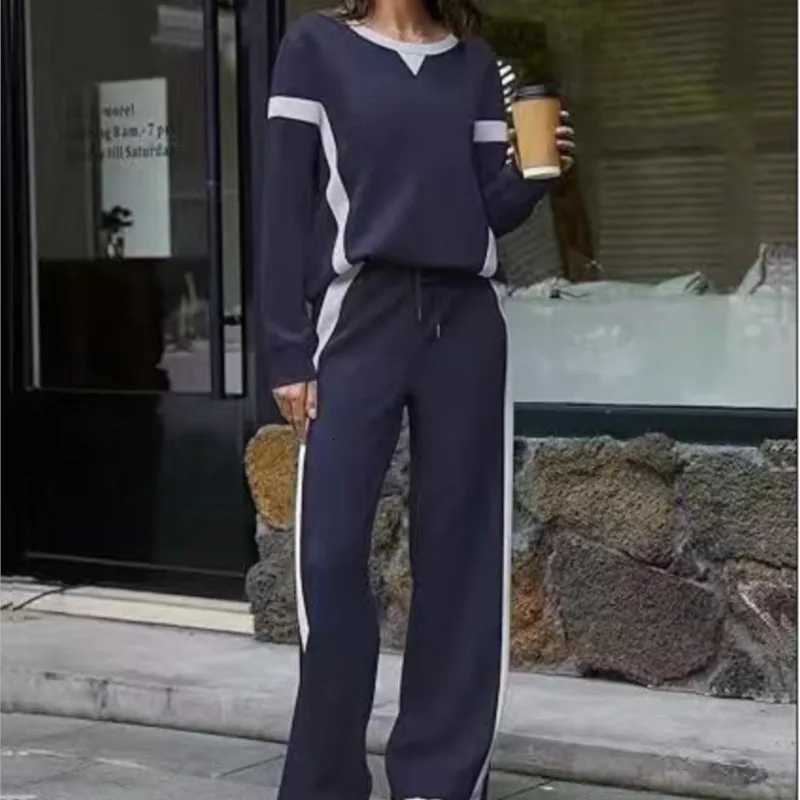 Womens Casual Sports Style Twopiece Fashionable White Striped Patchwork Longsleeved Top Paired With Loose Wideleg Pants SuitT251022