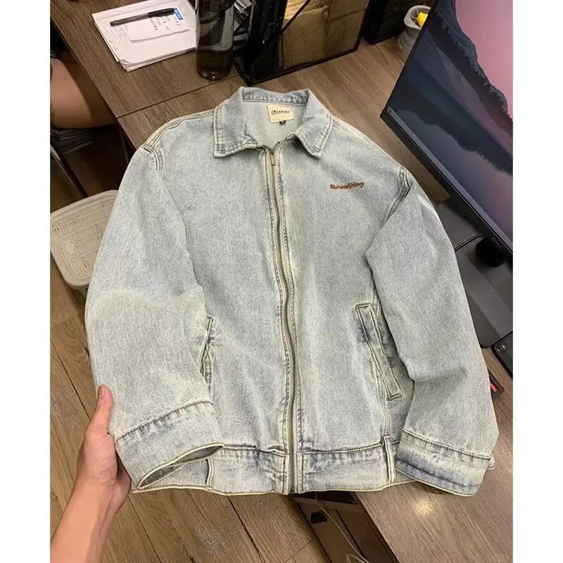 Vintage ZipUp WashedDistressed Denim Jacket Mens Spring Fall Fashion Coat American Cowboy HighStreet Casual Outerwear 251017