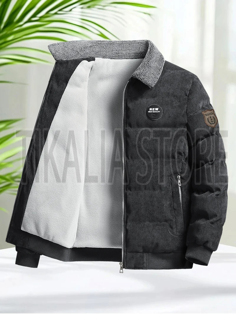 Mens Corduroy Sherpa Lined Jacket Cotton Padded Winter Coat with Fleece Collar Yellow Thick Insulated Parka for Cold Weather 251015