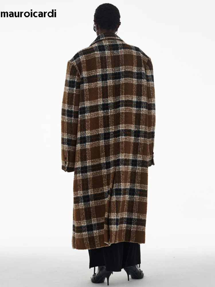 Mauroicardi Autumn Winter Oversized Long Thick Warm Colorful Plaid Wool Blends Coat Men Loose Runway European Fashion 251016