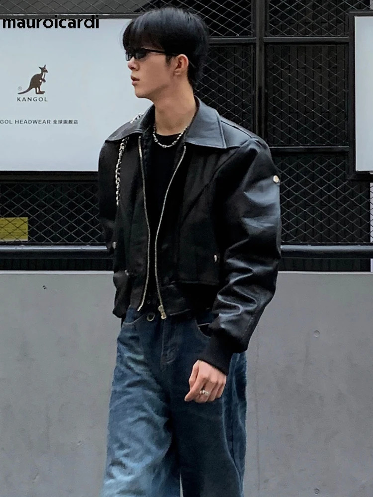 Mauroicardi Spring Autumn Cool Waterproof Black Pu Leather Jacket Men Shoulder Pads Long Sleeve Zipper Clothes 251021