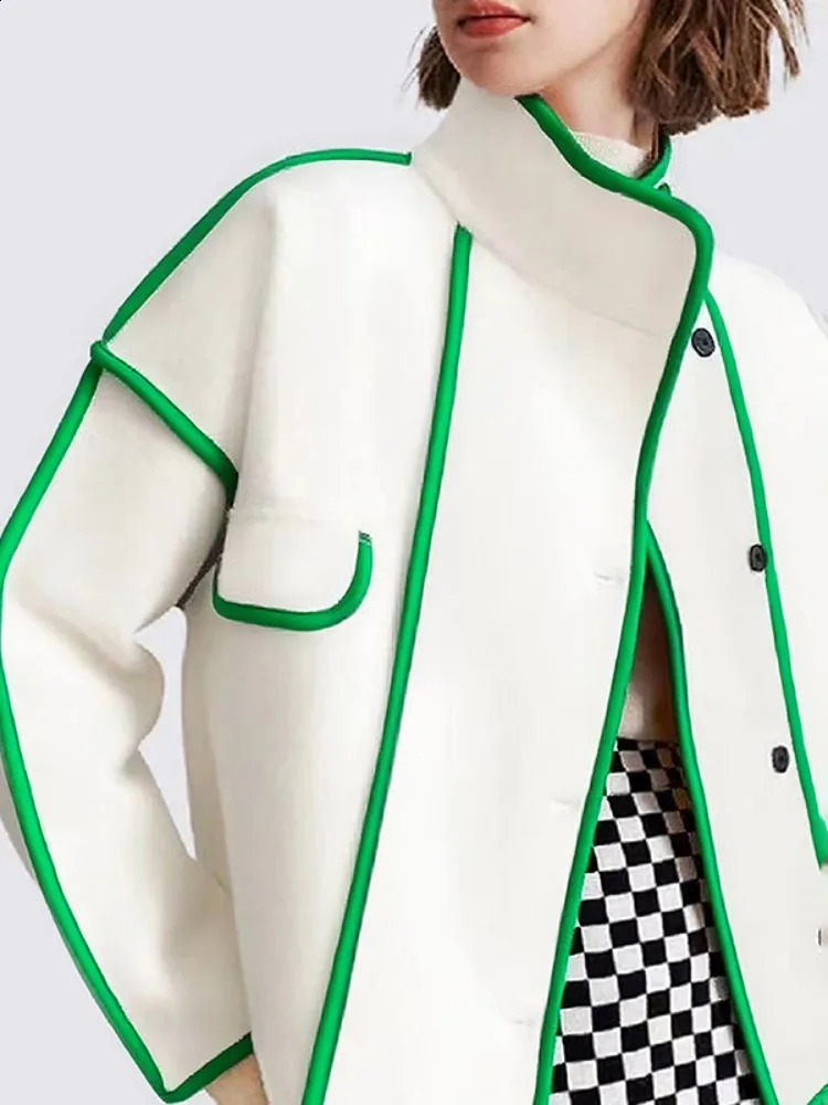 Freeacy Autumn Womens Coat Green Trim High Neck Buttoned Loose Fit Jacket Casual Woolen Outerwears 251013