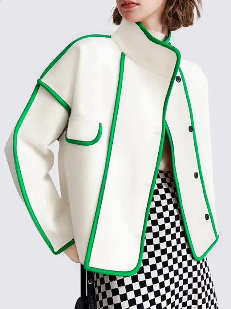 Freeacy Autumn Womens Coat Green Trim High Neck Buttoned Loose Fit Jacket Casual Woolen Outerwears 251013