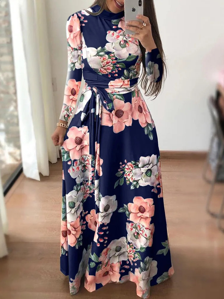 Womens Slim Dresses Casual Long Sleeve Round Neck Flower Printed Dress Strap FloorLength Skirt Clothing 251022