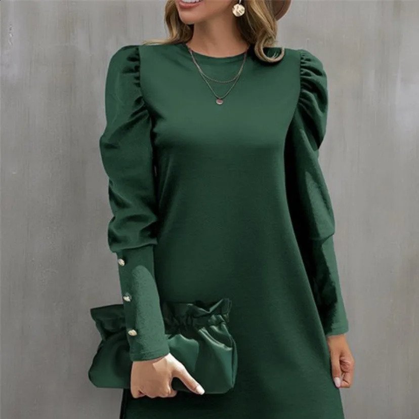 Express womens autumn and winter solid color round collar bubble sleeve button longsleeved dress 251022