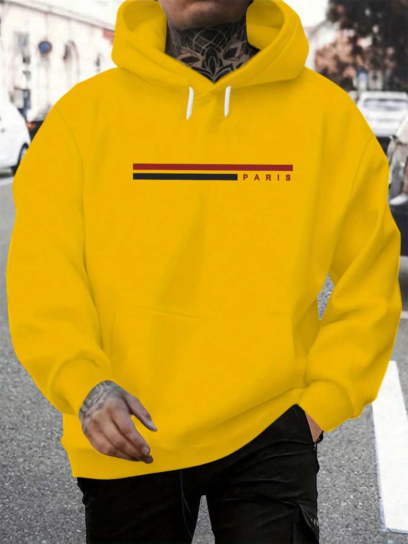 Mens autumn and winter casual fashionable loose hooded sweatshirt with Paris pattern printed long sleeved warm pulloverT251023