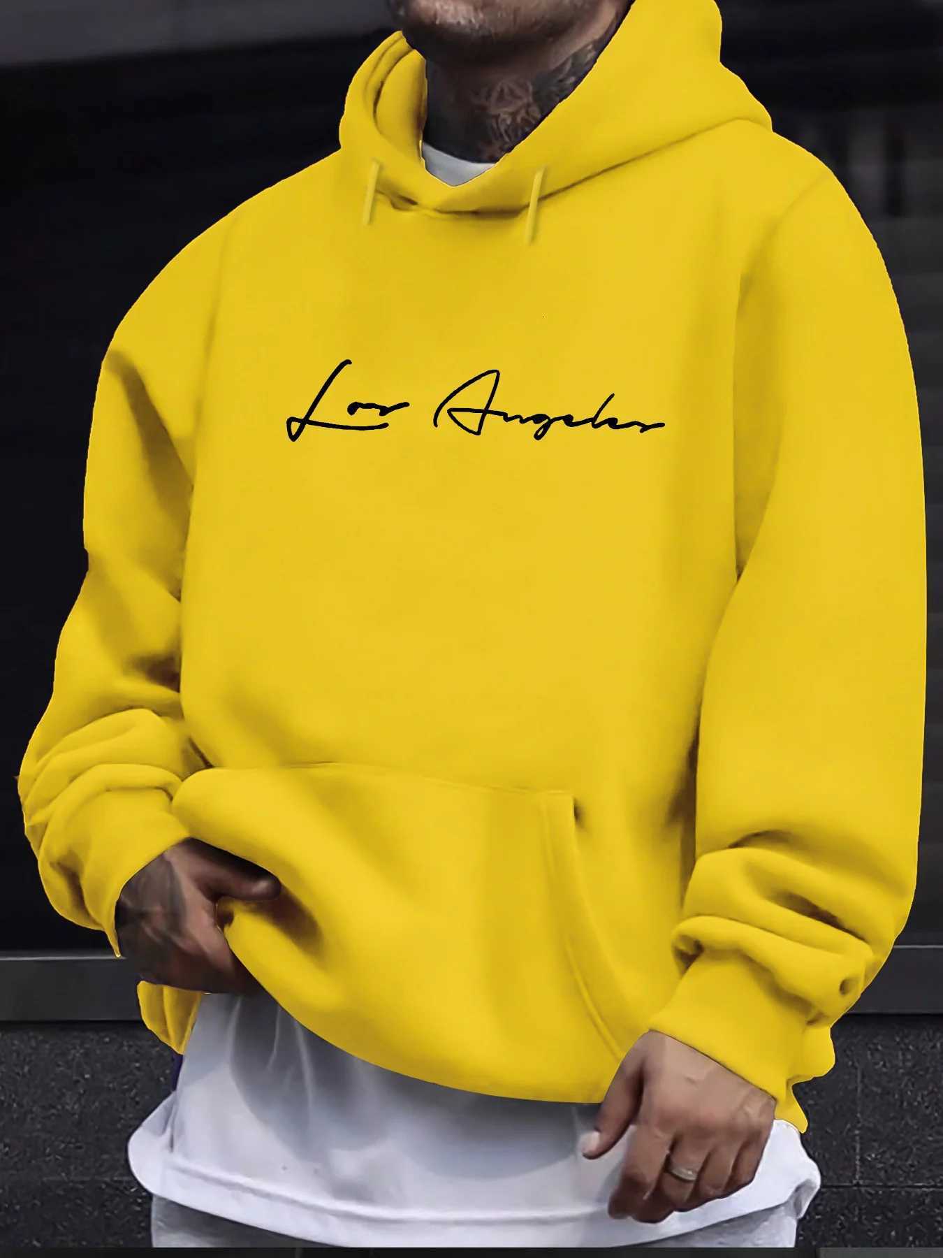 Mens autumn and winter casual fashion loose hooded sweatshirt with Los Angeles letter print long sleeved warm pulloverT251023