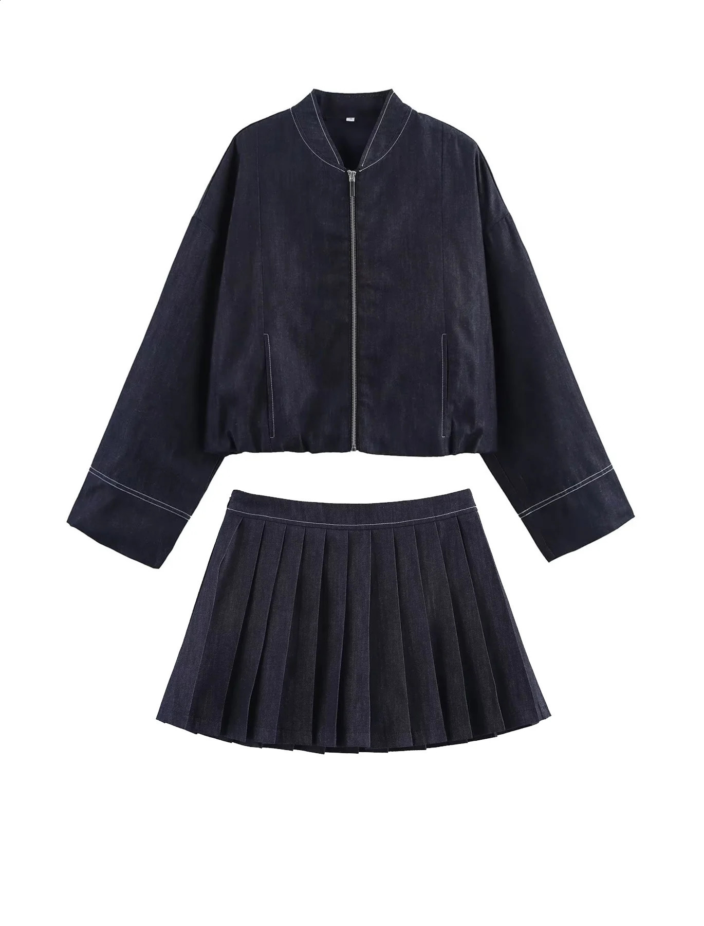 Women Wide Pleated Mini Skirt Sets For Outfit Fashion Bomber Long Sleeve Denim Jacket 2 Pieces 251022