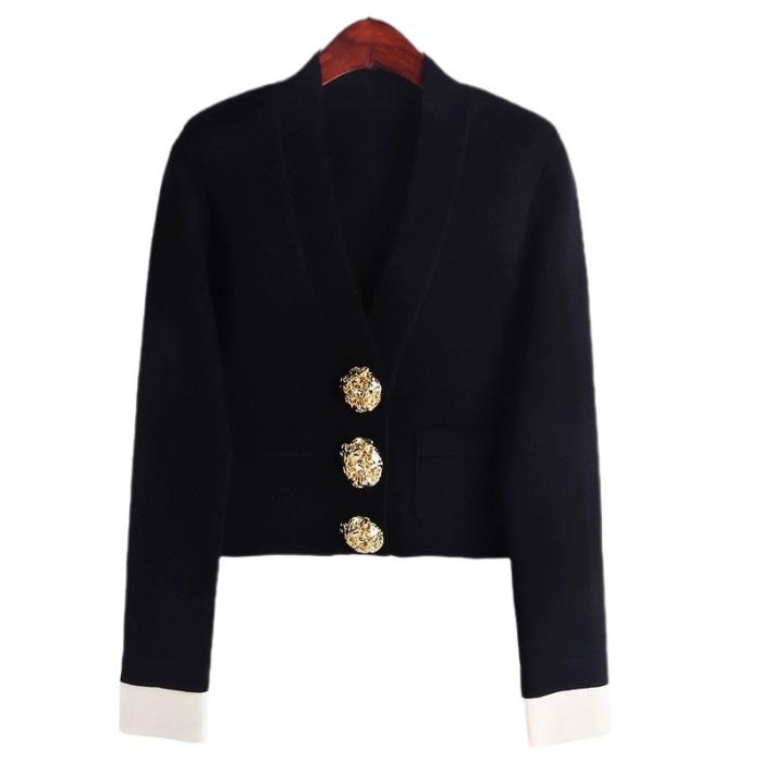 Tweed Style Gold Button Color Block V-Neck Knitted Cardigan Women's Autumn Winter 2024 New White Commuting Cropped Jacket