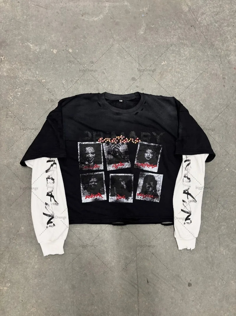 Retro Anime Hiphop Fashion Loose Oversized Splicing Tshirt Men Y2k Goth Harajuku American Street Casual Longsleeved Women 251020