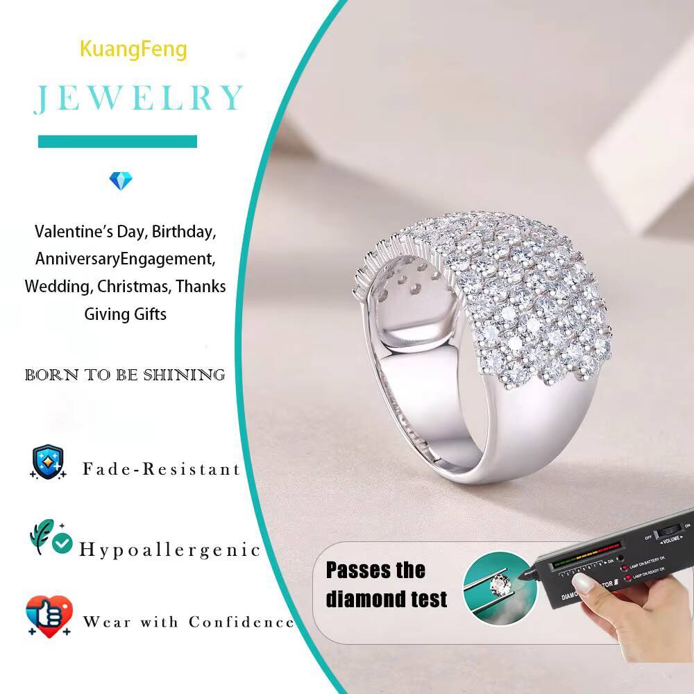 261CTW Luxury Silver Color Moissanite Full Pave Wide Band Ring Statement Jewelry for Parties and Weddings