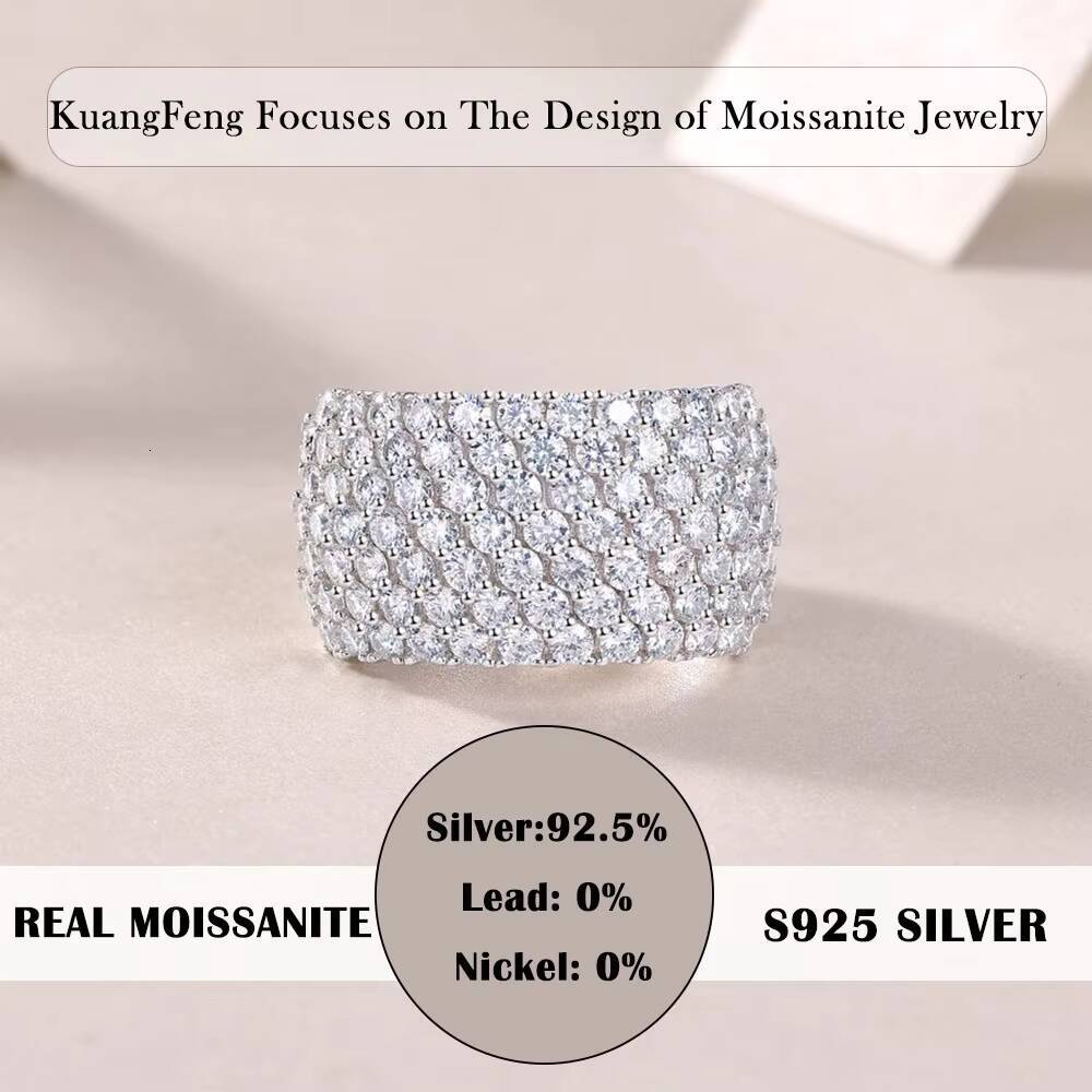261CTW Luxury Silver Color Moissanite Full Pave Wide Band Ring Statement Jewelry for Parties and Weddings