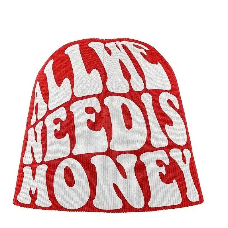 ALL WE NEED IS MONEY Beanie Letter Jacquard Hip Hop Knit Hat Unisex Y2K Skull Cap Warm Elastic Beanies Cap For Women MenXJ251023