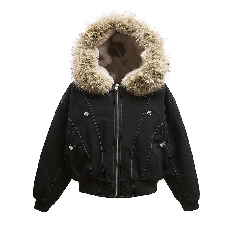 Autumn Winter Cotton Padded Jacket Women Outerwear Thick Warm Oversize Short Coat Female Hooded Long Sleeve Fur Collar Parkas 251021
