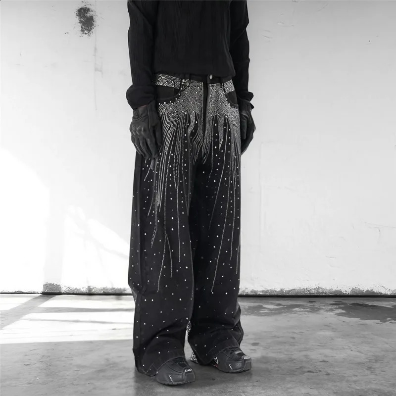 Autumn Winter High Street Denim Pants Mens Retro Full Diamond Stamping Hiphop Loose Straight Leg Wide Streetwear Jeans 251018