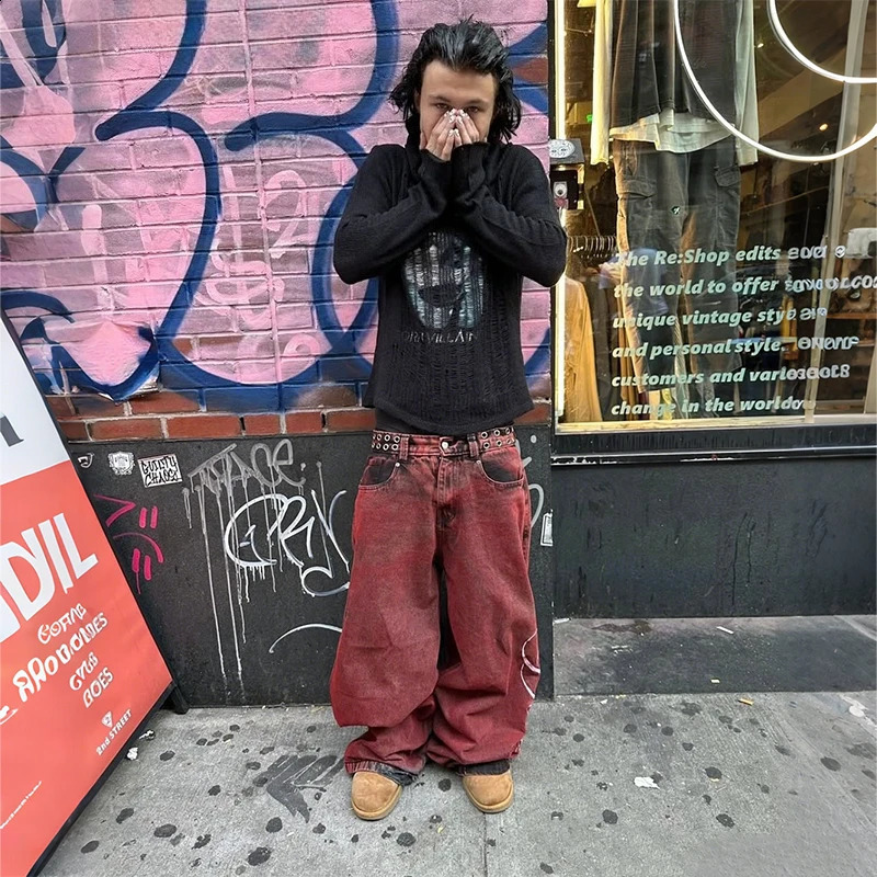 Y2K Casual Loose Jeans Vintage Letter Print Rivet Waist Belt n Red High Wide Leg Men Women Hip Hop Streetwear 251018