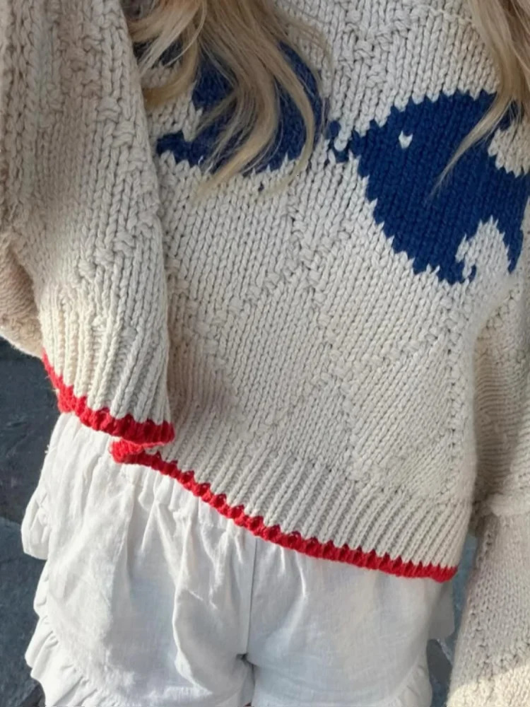 Contrast Knitted Short Sweater Women Long Sleeve Oneck Pullover Autumn Chic Female Loose Fish Colorful Knitwear Jumper 251016