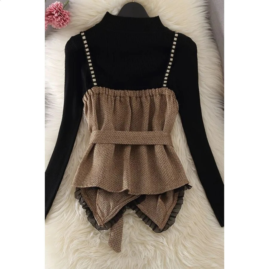 Arrival TwoPiece Set Summer Elegant Versatile Crop Top Sweater Trendy Belted Polyester Long Sleeve Casual Outfit 251022