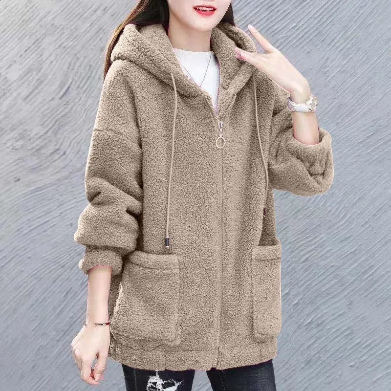 Women Hooded Coat Chic Fleece Thick Solid Color Pockets Long Sleeves Loose Warm Plush Zipper Cardigan Outdoor Autumn Winter 251022