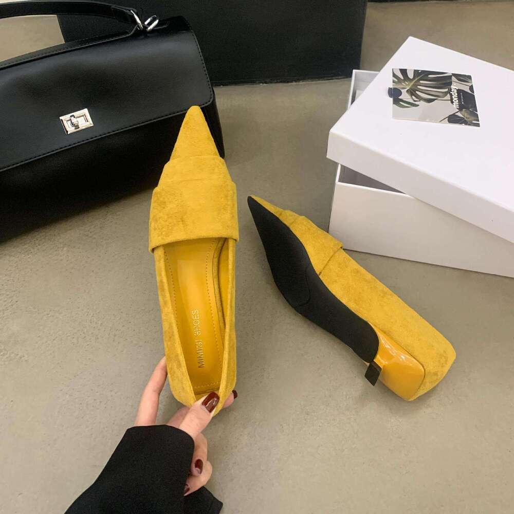 Yellow Suede Single Shoes 2025 New Spring Autumn Winter Women's French Style Elegant Socialite Pointed Toe Stiletto Low Heel Classic Fitted Luxur