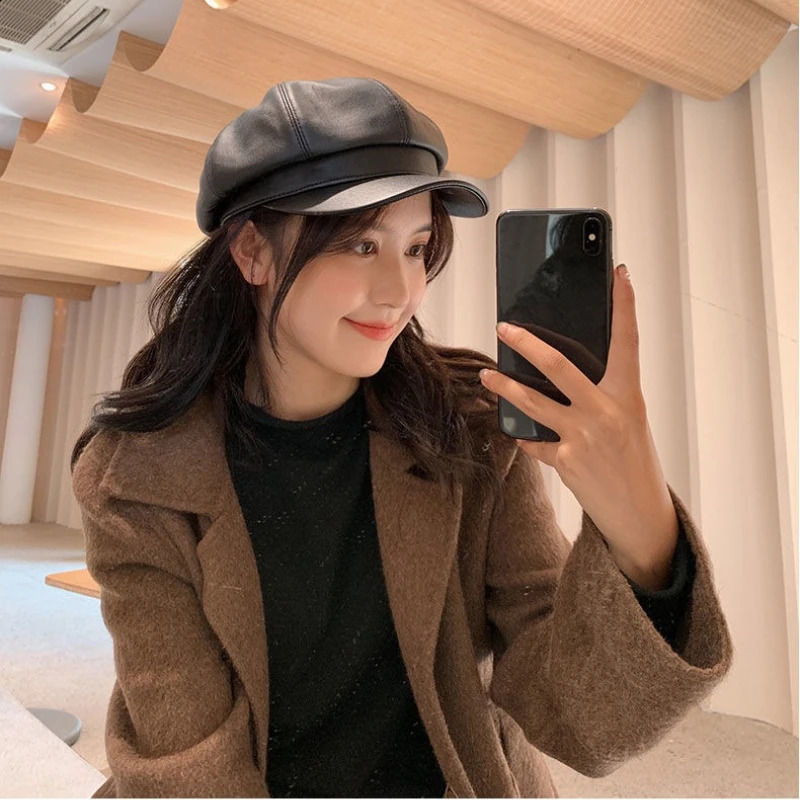 Autumn Winter PU Leather Beret Vintage sboy Cap Fashion Pumpkin Hat for Women Warm Retro Artist Baker Boy Hat 251021