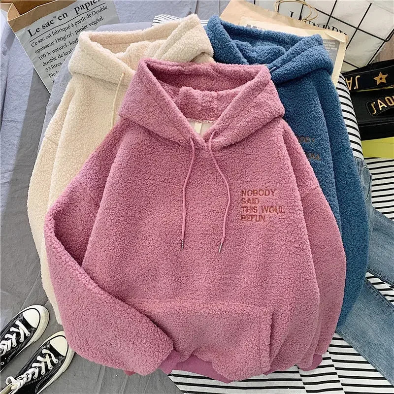 Autumn Winter Warm Fluffy Hoodie Casual Women Hooded Pullovers Letters Leisure Sweatshirt Loose Top 251022