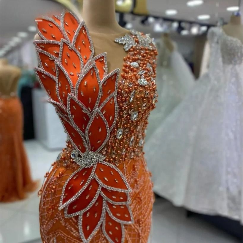 2026 Aso Ebi Orange Mermaid Prom Dress Pearls Crystals Sheer Neck Evening Formal Party Second Reception Birthday Engagement Gowns Dresses Robe De Soir