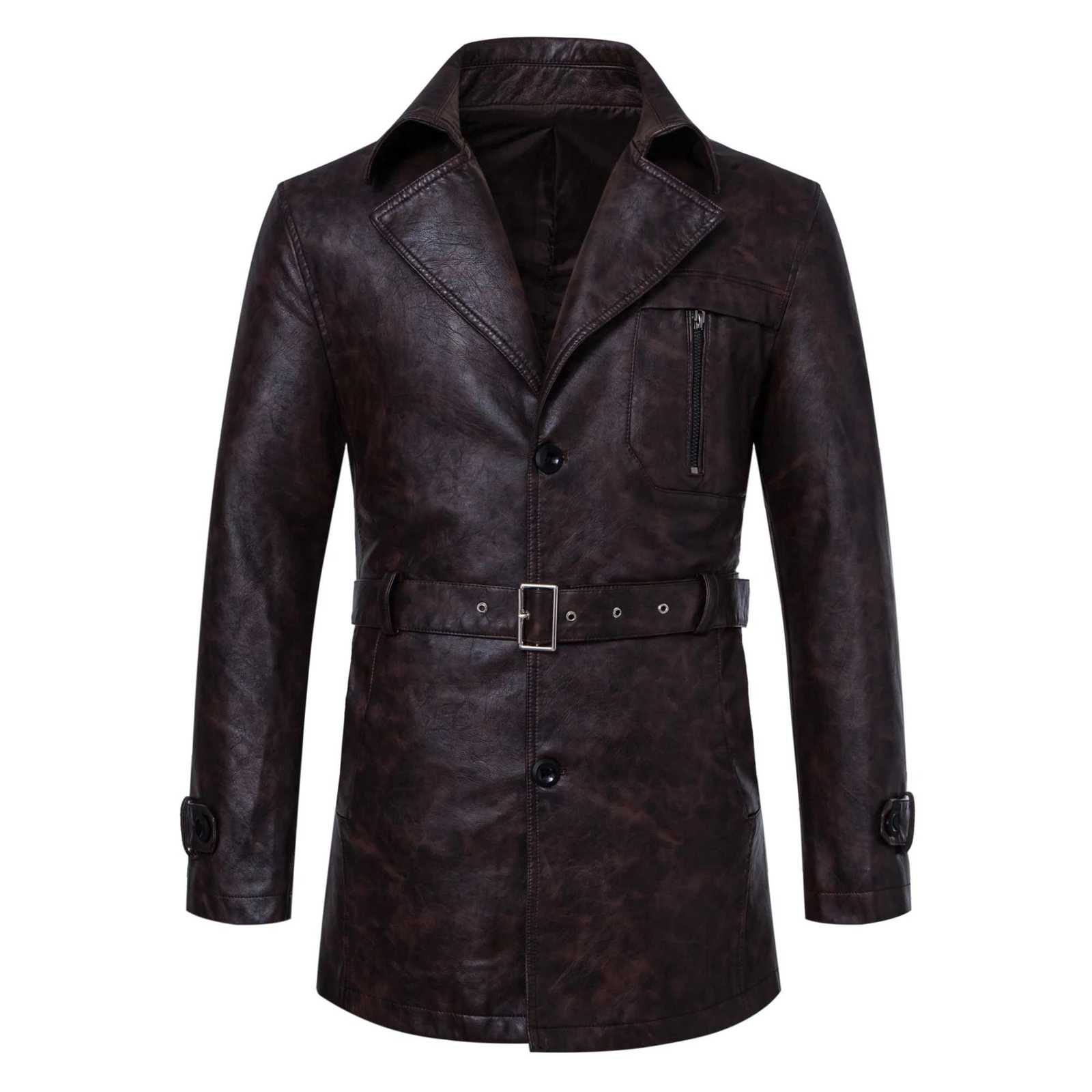 Mens midlength PU leather jacket with a detachable beltlapel trench coat for business casualurban commuting W251023