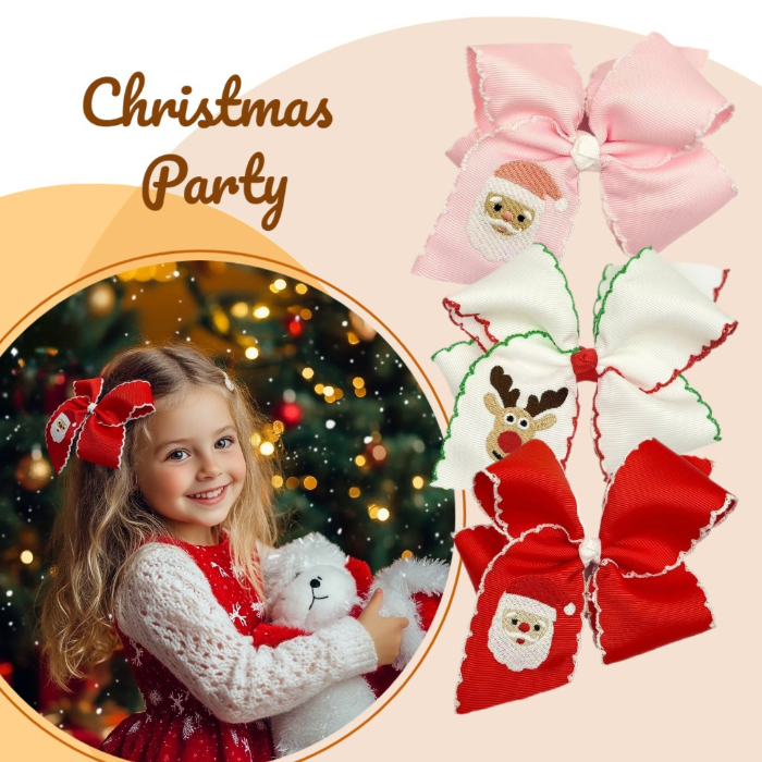 Christmas Hair Clip Cartoon Hair Accessory Elk Embroidery Santa Claus Hair Bow Clip Moonstitch Edge Ribbon Hair Pins for Girls MA126