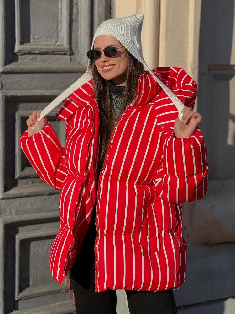 Striped Womens Winter Quilted Jacket Hooded Thicken Single Breasted Long Sleeve Casual Female Coat Chic Loose Outwear 251021
