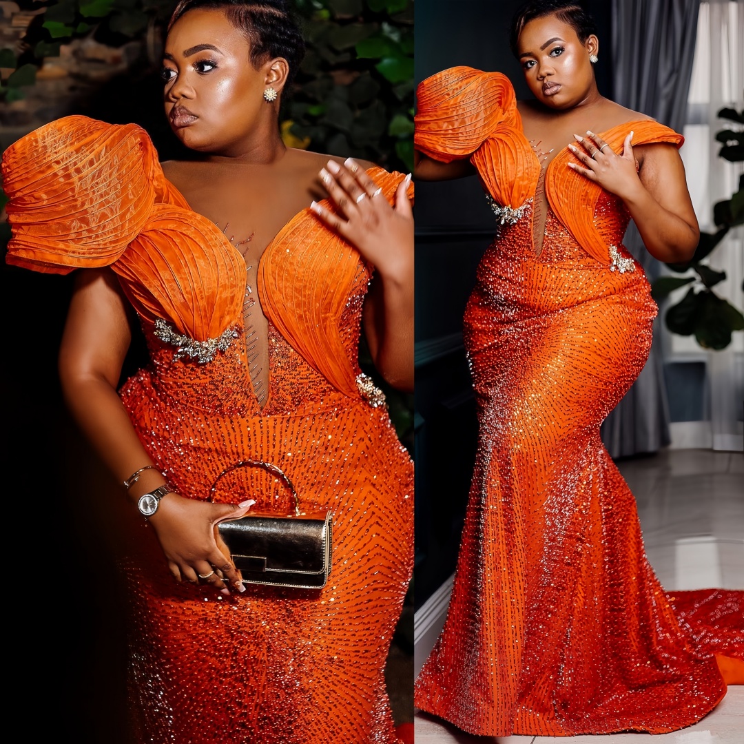 2025 Orange Plus Size Aso Ebi Prom Dress Sheer Neck Crystals Evening Gowns Sequined Mermaid Formal Dress Birthday Party Dress Second Reception Dresses