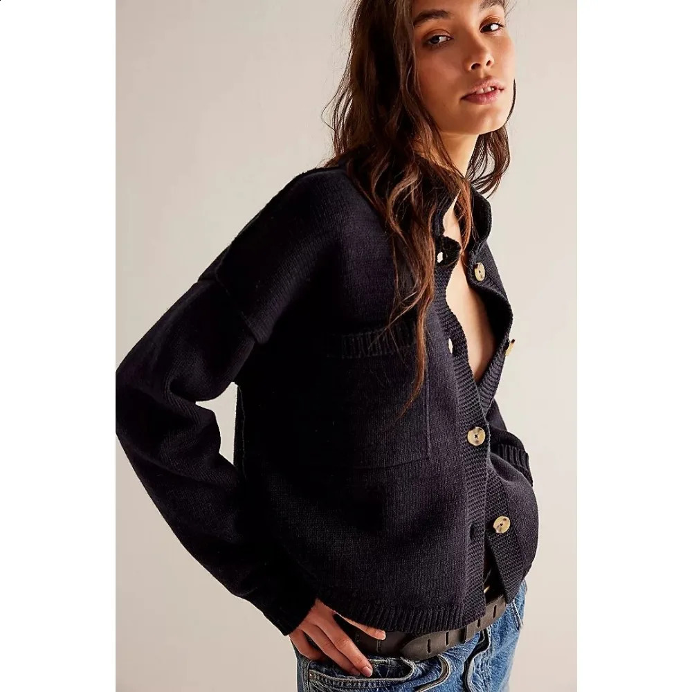 Women Cardigans Long Sleeve Button Up Knit Cardigan with Pockets Stand Collar Causal Fall Warm Sweater Solid Color Comfy Outwear 251022