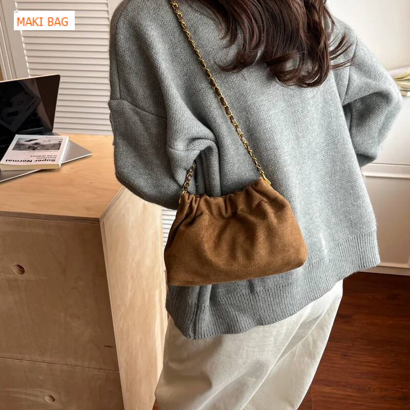Retro suede bucket bag autumn and winter new Korean style elegant luxury armpit bag fashionable versatile women's shoulder bag designer bag