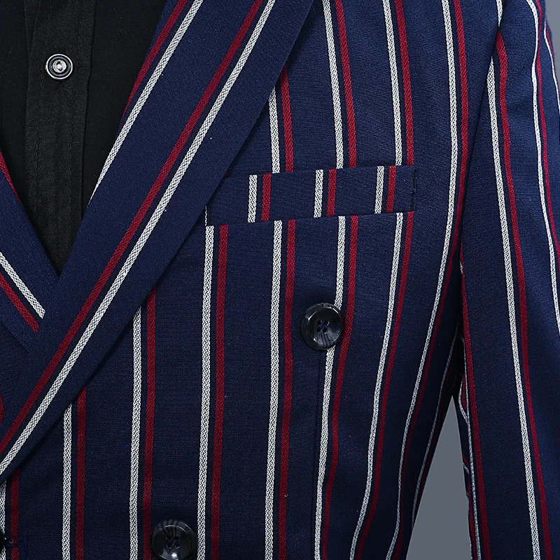 Navy Blue Mens Doublebreasted Suit Twopiece Set White Vertical Striped Jacket Paired with Matching Trousers Asian Size SXXL 251023