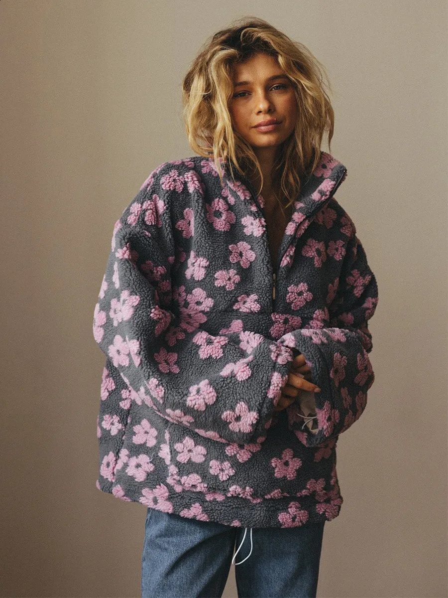Yaminiya Womens Fashion Polar Fleece Flower Blossoms Sweater Cotton Loose Warm Fur Stand Up Collar Zipper Top 251022