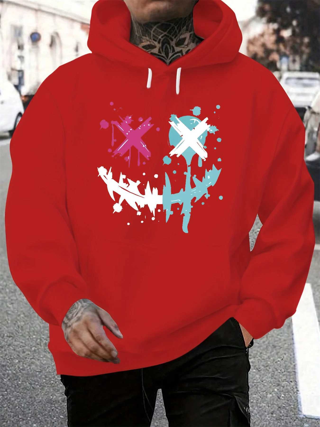 Mens autumn and winter casual fashionable loose hoodie with smiling face pattern printed long sleeved warm pullover sweaterT251023