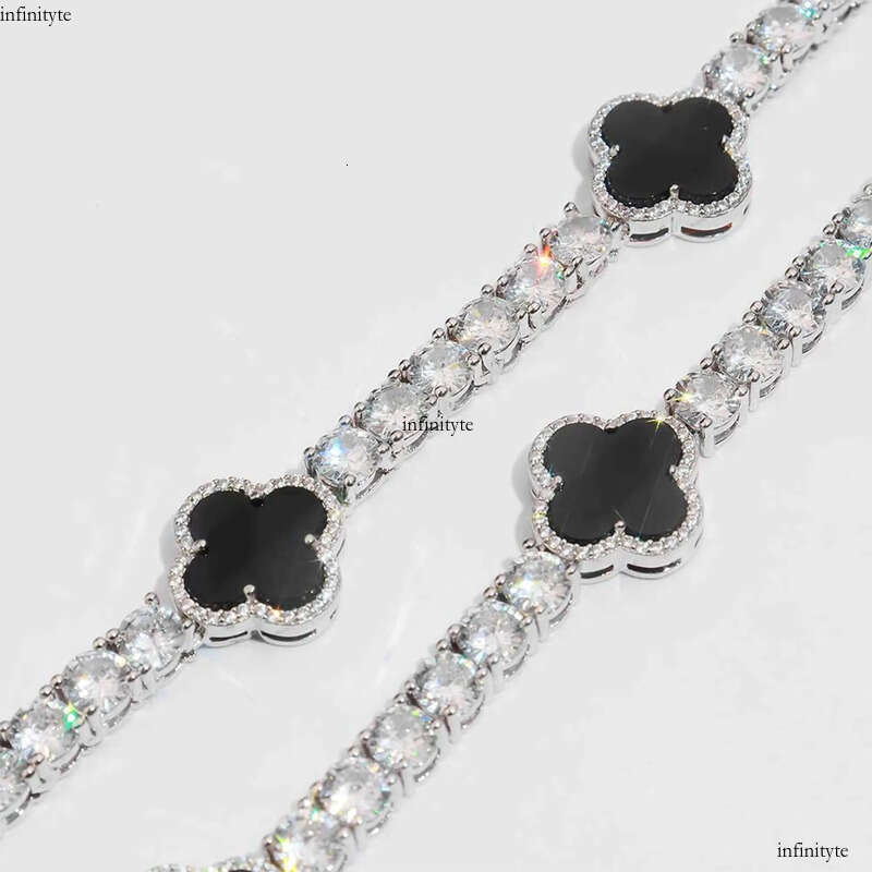 VVS Tennis Chain with Black Agate Clover Leafs Iced Out Moissanite Necklace Officiant Anniversary Gift 111