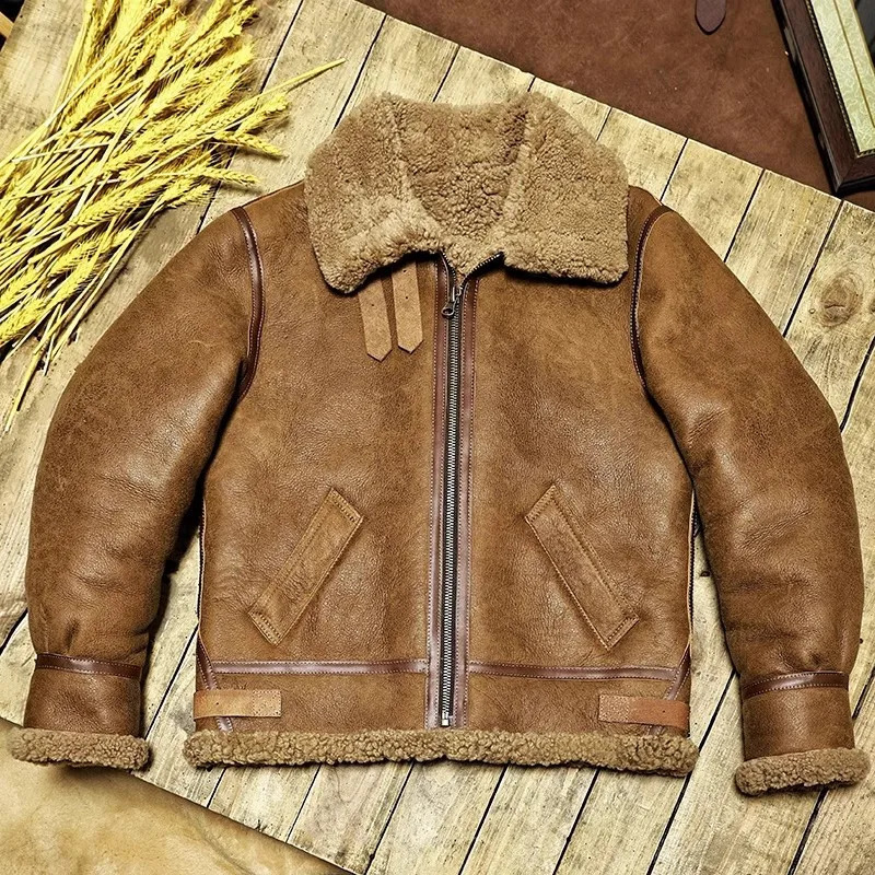 YRWholesales Matte real fur coatBrown Winter warm natural genuine leather jacketVintage B3 tpye sheep shearlingWool 251023