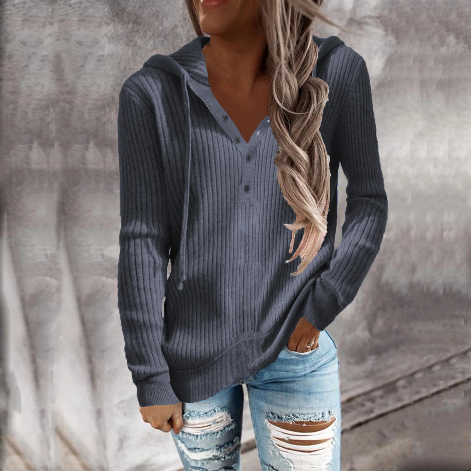 Autumn and winter style striped casual hoodie loose knit sweater opennecked longsleeved woman 251022