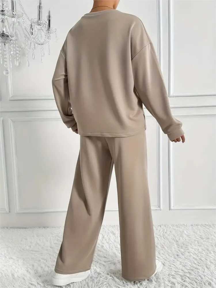 Twopiece Set For Woman Casual Oneck Long Sleeves Sweatshirt Wideleg Pants Suits Autumn Winter Ladies Fashion Office OutfitT251022