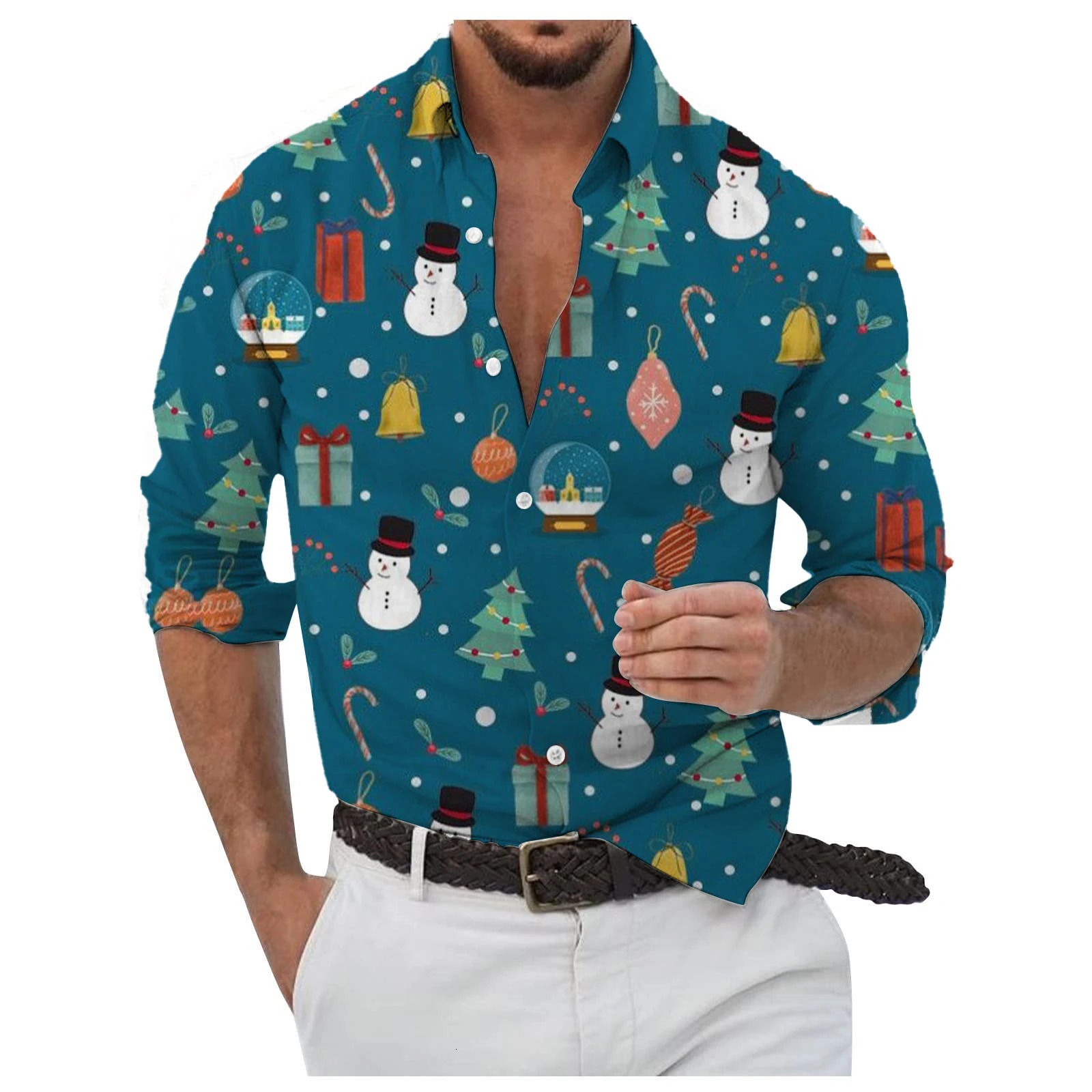 Mens Christmas Elements Casual Shirts 3D Print Jingle Bell Graphic Long Sleeve Shirt Loose Comfortable TurnDown Collar Clothes 251016