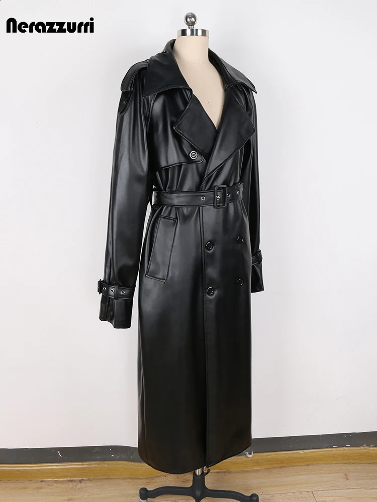 nerazzurri Spring Autumn Long Oversized Windproof Waterproof Black Pu Leather Trench Coat Men Belt Double Breasted Overcoat 251023