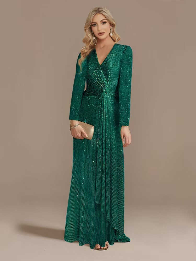QMQA Fashion Womens Elegant Luxury Dress Dp V-neck Long Sve Waist Ruffle Wide Shoulder Dress 1A434 W241210