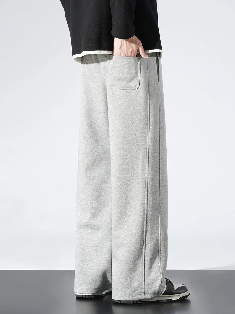 Mens Winter Sport Pants Korean Style WideLeg Straight Sweatpants Thick and Warm Fleece Trousers Unisex 251023