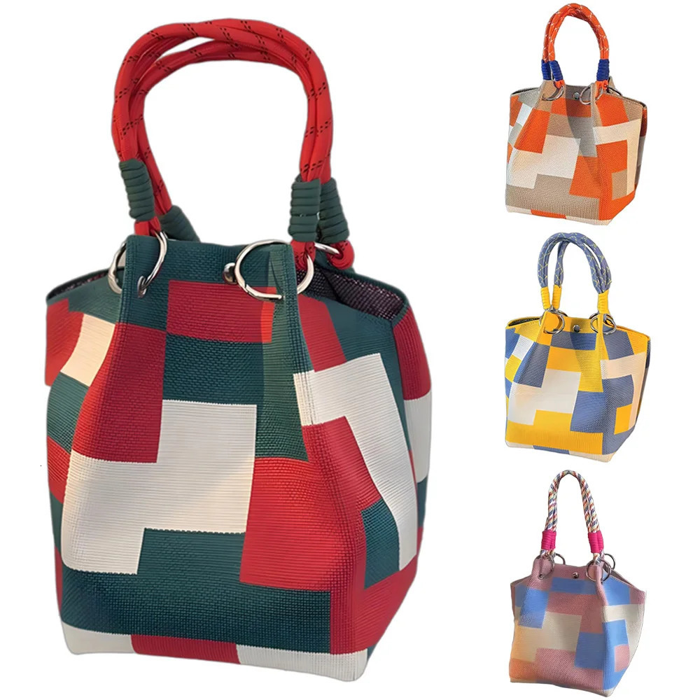 Ins Color Block Knit Tote Bag Bucket Storage with Adjustable Straps Metal Rings Snap Clre for Casual Travel 251018