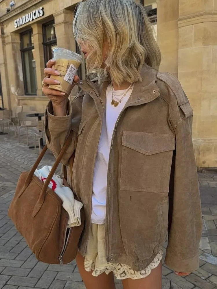 Women Vintage Suede Jacket Autumn Winter Fashion Long Sleeve Zipper Loose Coat Chic Female High Street Leisure Outerwear 251013