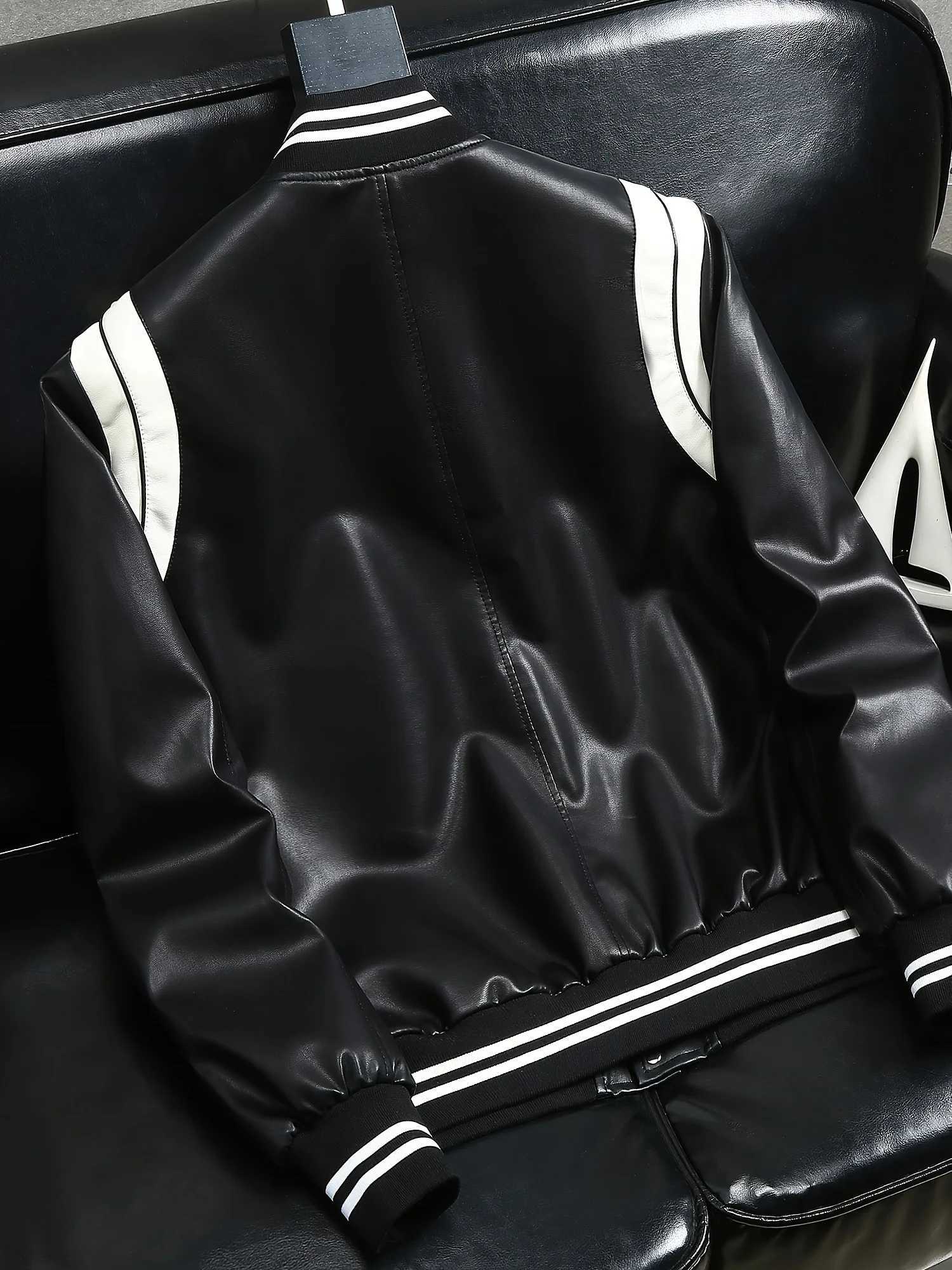 American Motorcycle Jacket Colorblock Soft Pu Baseball Bomber Leather Jacket W251023