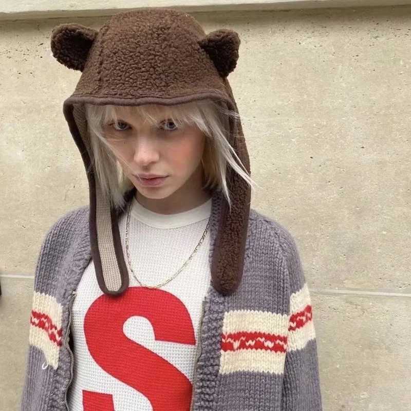 Y2K Bear Ear Bber Hats Men Wen Safety Bear Hat Rockwool Buck Ear Protector Hip Hop Beanies Outdoor Ski HatW251023