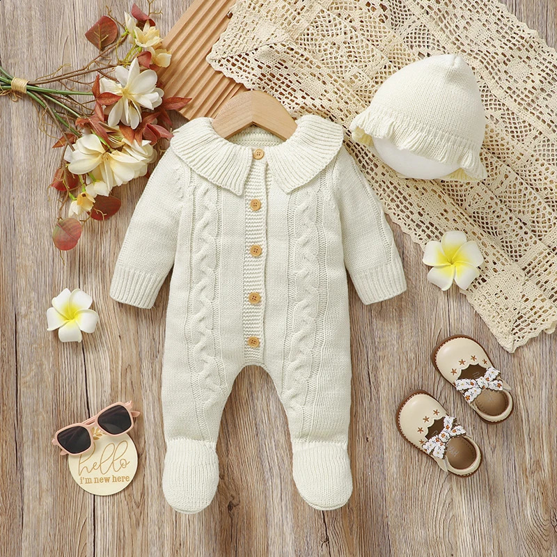 born Baby Romper Knitted Infant Boy Girl Jumpsuit Outfits Long Sleeve Autumn Kid Clothes Hat 2PCS 09M Overalls Fashion Solid 251023
